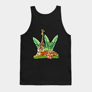 Tiger design with Giraffe Tropical Floral Style Tank Top